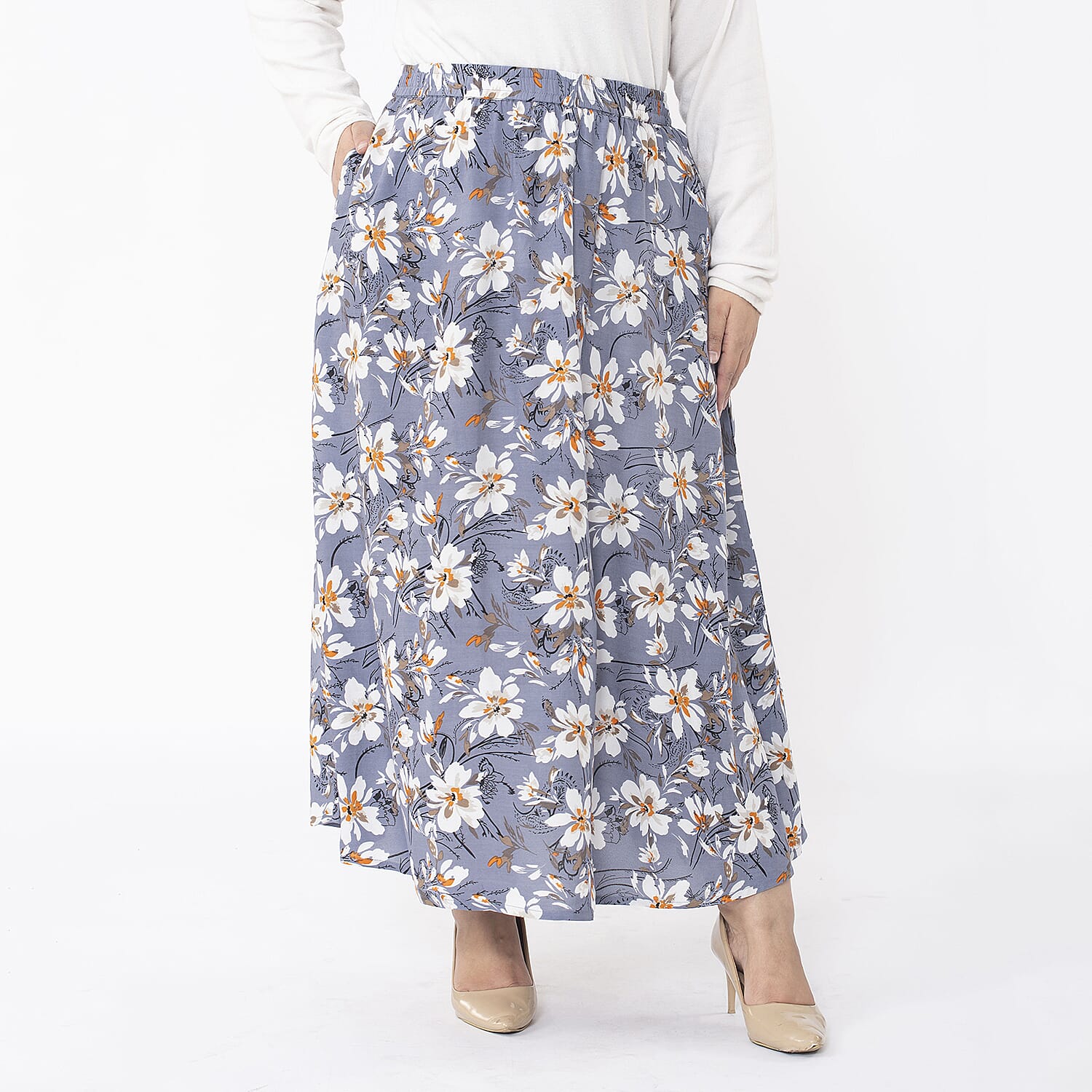 TAMSY 100% Viscose Floral Printed Skirt With Elastic on Waist (Size XL) - Grey