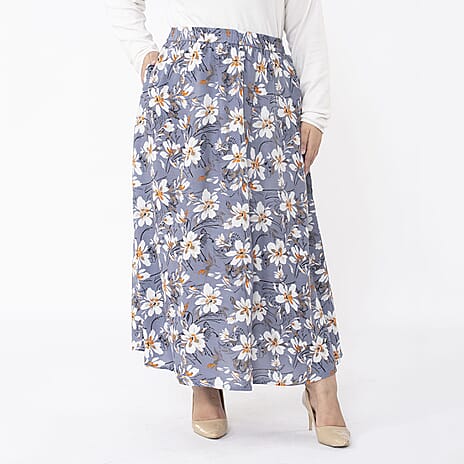 TAMSY 100% Viscose Floral Printed Skirt With Elastic on Waist (Size XL) - Grey