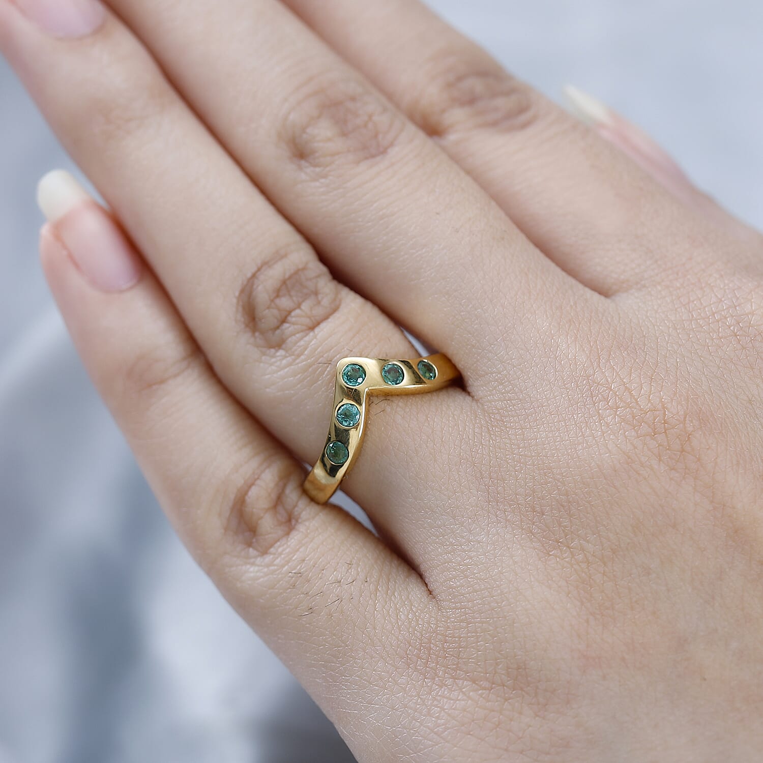 AAA Gemfields Emerald Chevron Ring in 18K Yellow Gold Vermeil Plated Sterling Silver