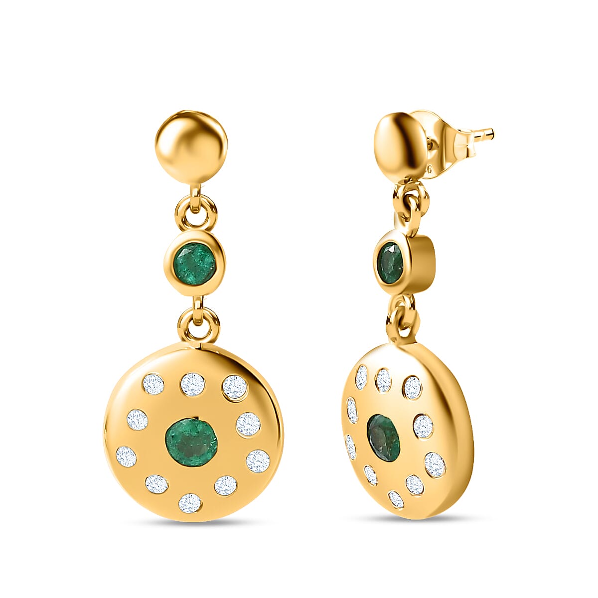 AAA Gemfields Emerald & Natural Zircon Dangle Earrings in 18K Yellow Gold Vermeil Plated Sterling Silver