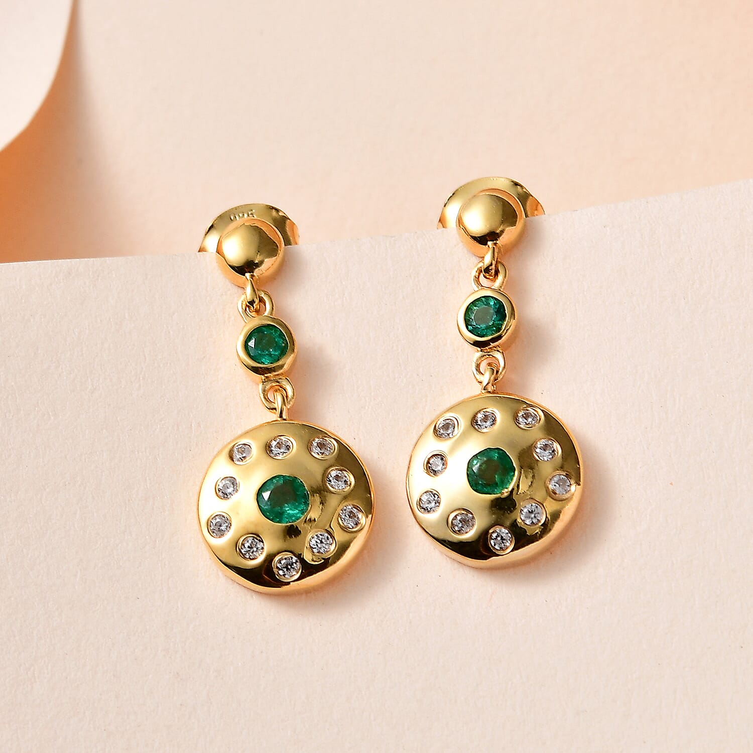 AAA Gemfields Emerald & Natural Zircon Dangle Earrings in 18K Yellow Gold Vermeil Plated Sterling Silver