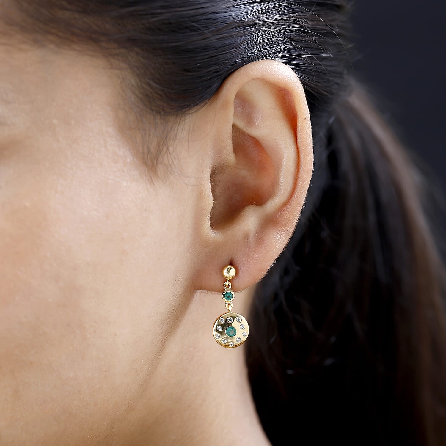 AAA Gemfields Emerald & Natural Zircon Dangle Earrings in 18K Yellow Gold Vermeil Plated Sterling Silver