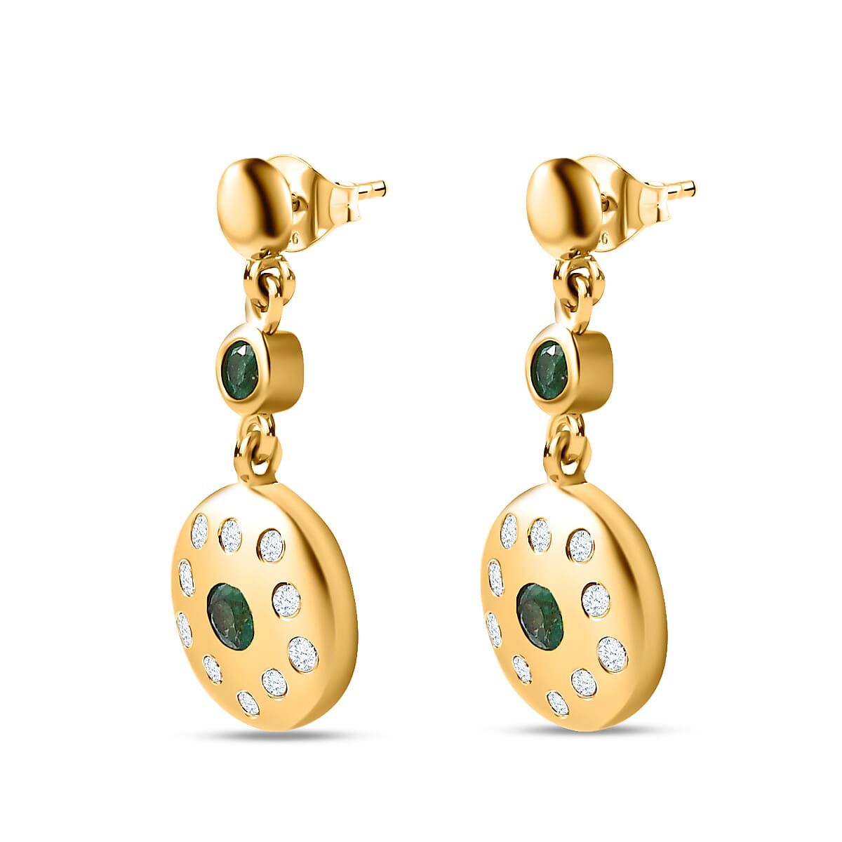 AAA Gemfields Emerald & Natural Zircon Dangle Earrings in 18K Yellow Gold Vermeil Plated Sterling Silver