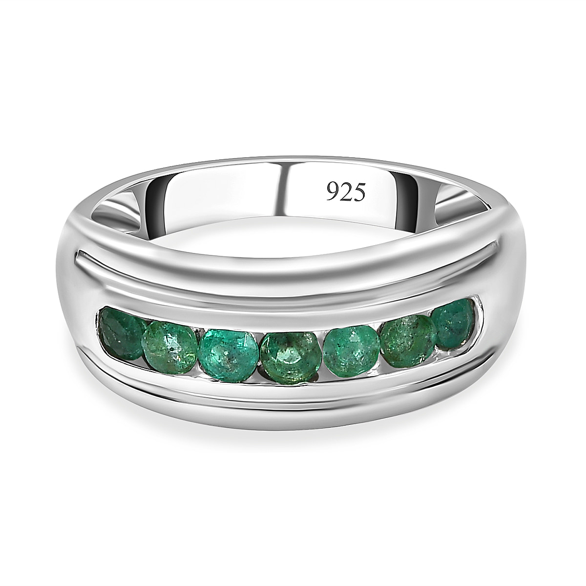 AAA Gemfields Emerald 7 Stone Engagement Ring in Platinum Overlay Sterling Silver