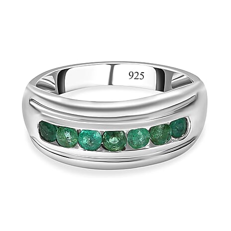 AAA Gemfields Emerald 7 Stone Band Ring in Platinum Overlay Sterling Silver