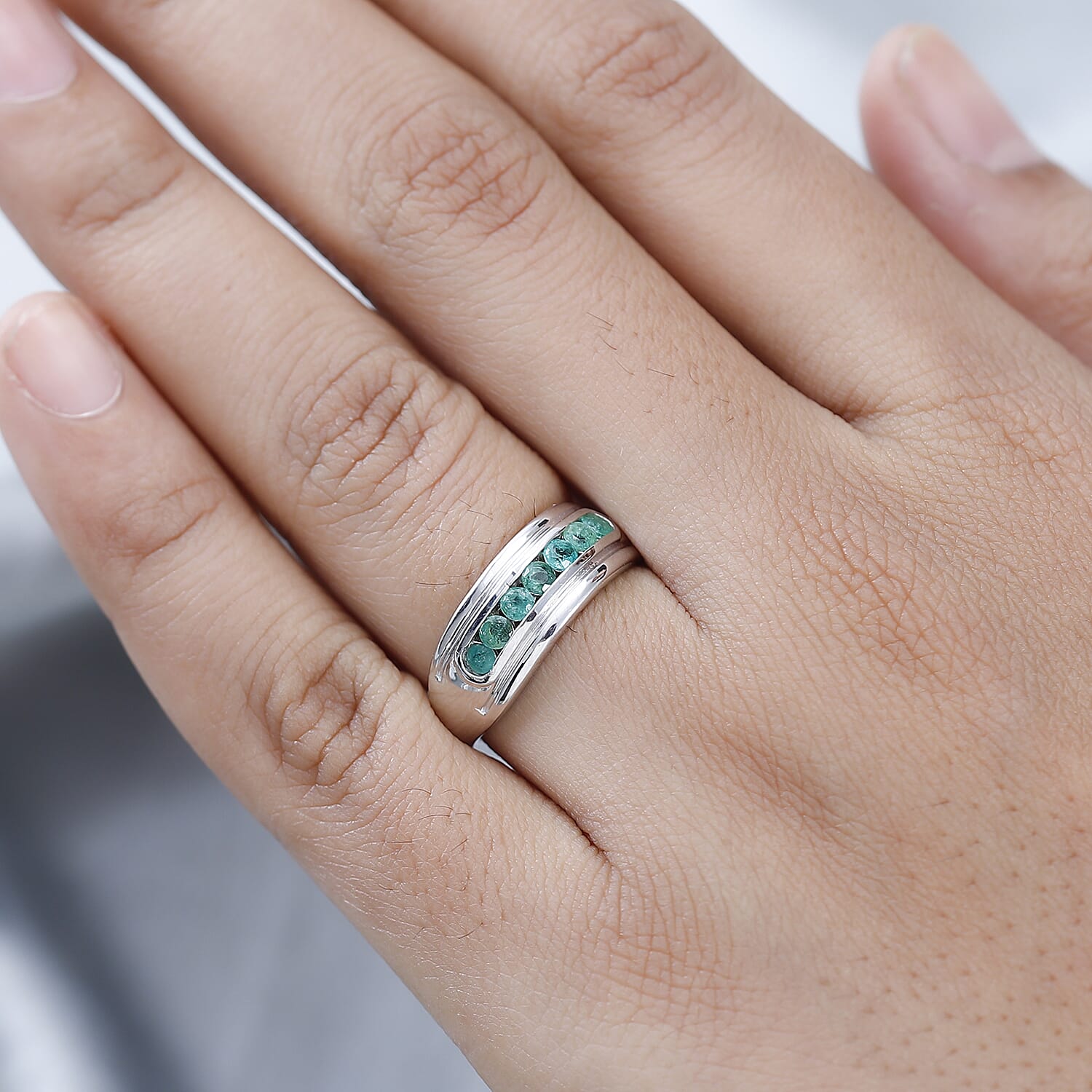 AAA Gemfields Emerald 7 Stone Band Ring in Platinum Overlay Sterling Silver