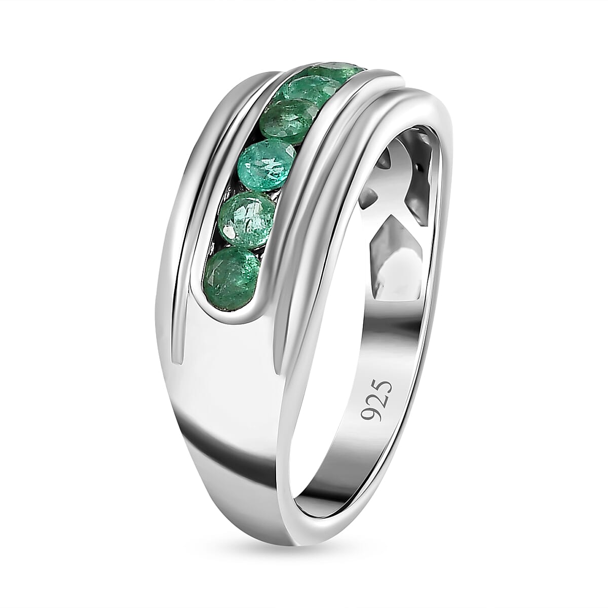 AAA Gemfields Emerald 7 Stone Band Ring in Platinum Overlay Sterling Silver