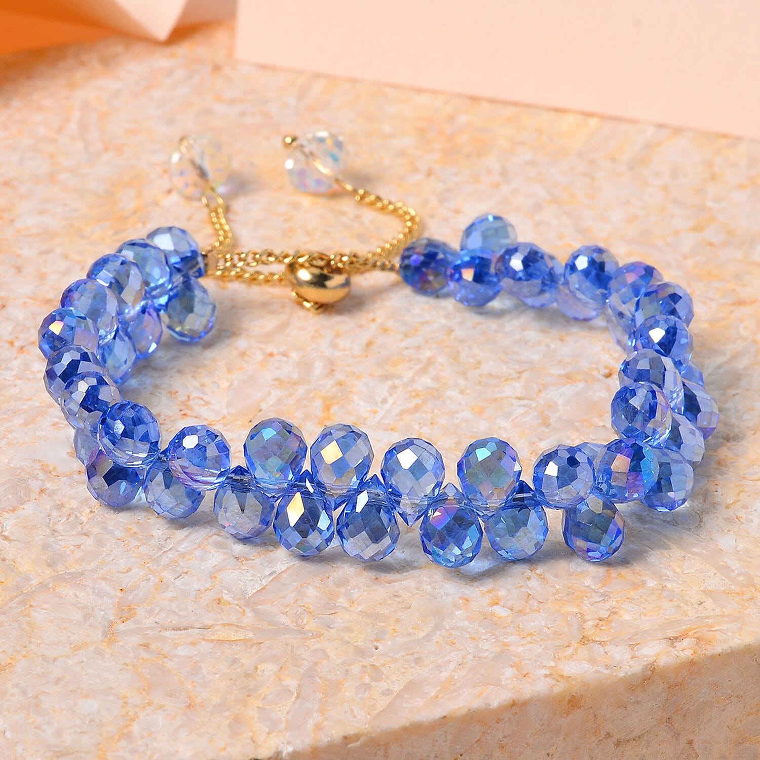 Fancy Faceted Crystal Bolo Bracelet- Blue