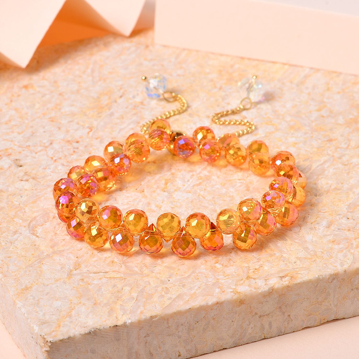 Champagne AB Crystal Adjustable Bolo Bracelet (Size 6.5 to 9) in Yellow Gold Tone