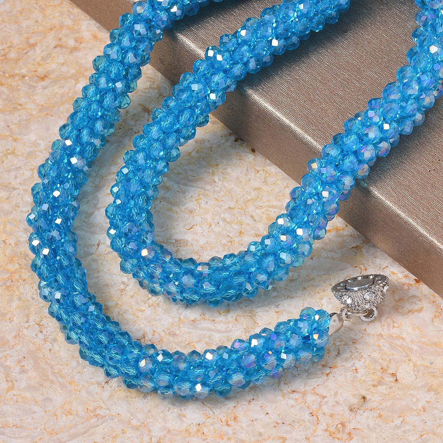 NY Close Out Deal- Blue Crystal Necklace With Magnetic Clasp (Size - 20) in Silver Tone