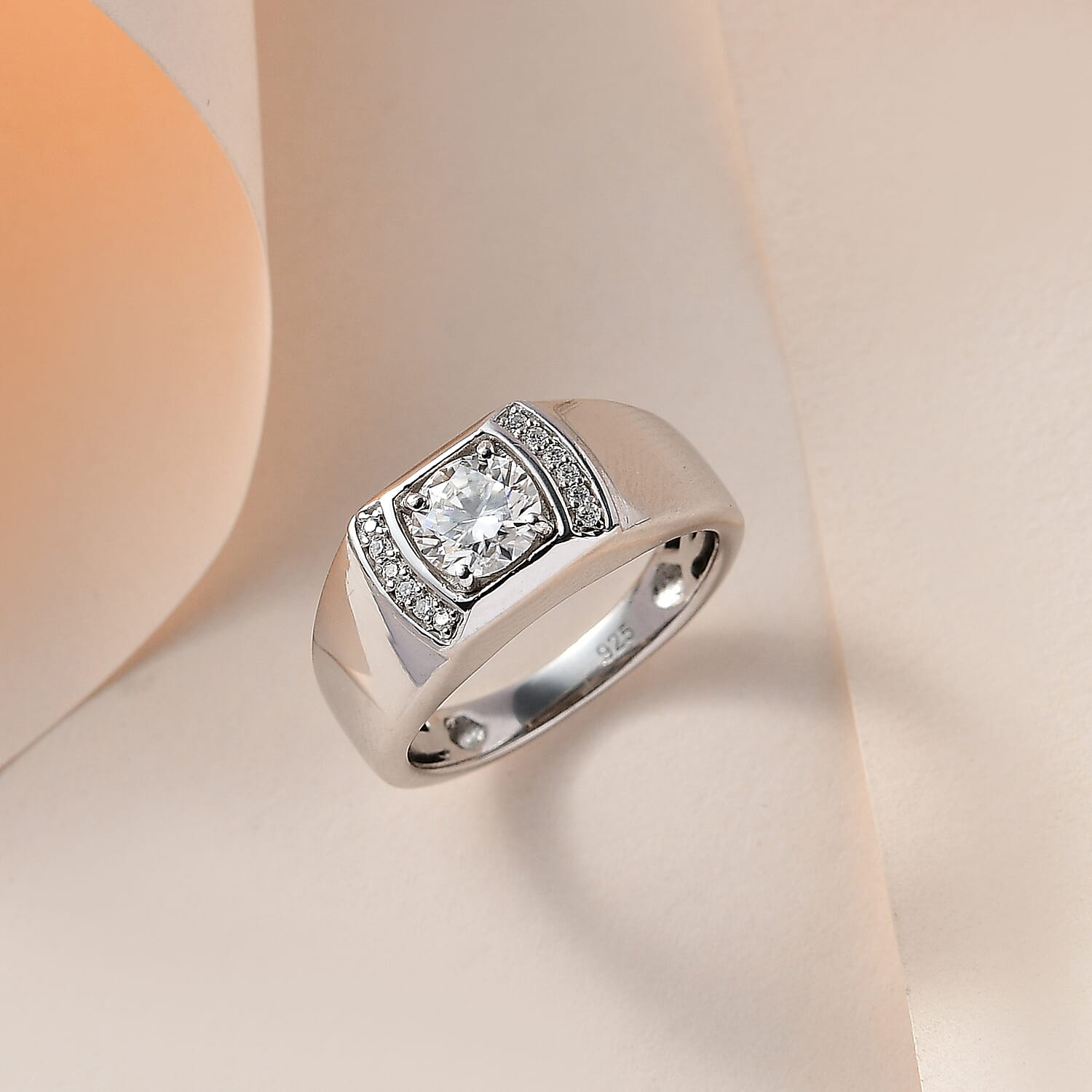 Moissanite  Mens Ring in Platinum Overlay Sterling Silver 0.99 ct,  Silver Wt. 5.31 Gms  0.990  Ct.