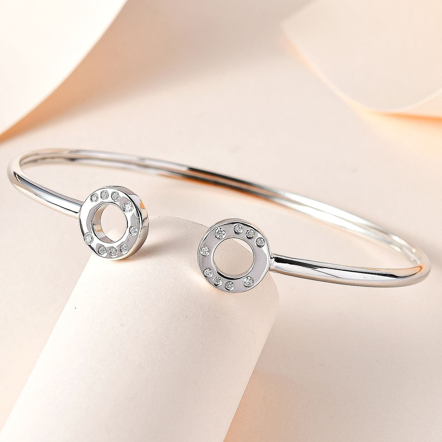 Moissanite Open Circle Bangle (Size 7.5) in Platinum Overlay Sterling Silver, Silver Wt 6.73 GM