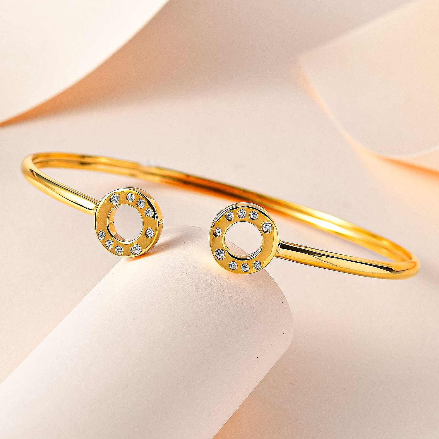 Moissanite Open Circle Bangle (Size 7.5) in YG Vermeil Plated Sterling Silver, Silver Wt  6.88 GM