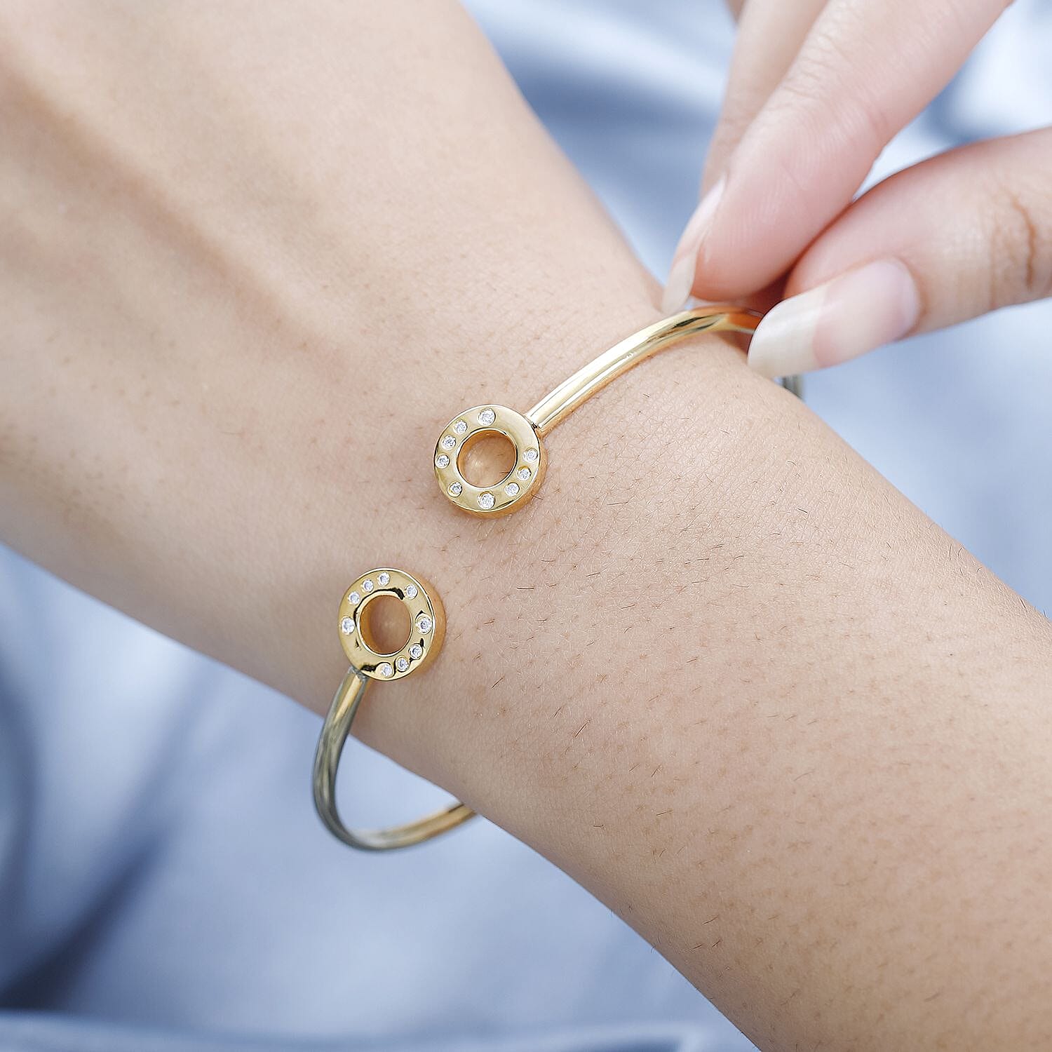 Moissanite Open Circle Bangle (Size 7.5) in YG Vermeil Plated Sterling Silver, Silver Wt  6.88 GM