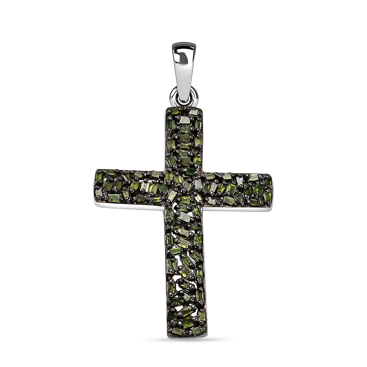 Green Diamond Cross Pendant in Platinum Overlay Sterling Silver 0.33 Ct