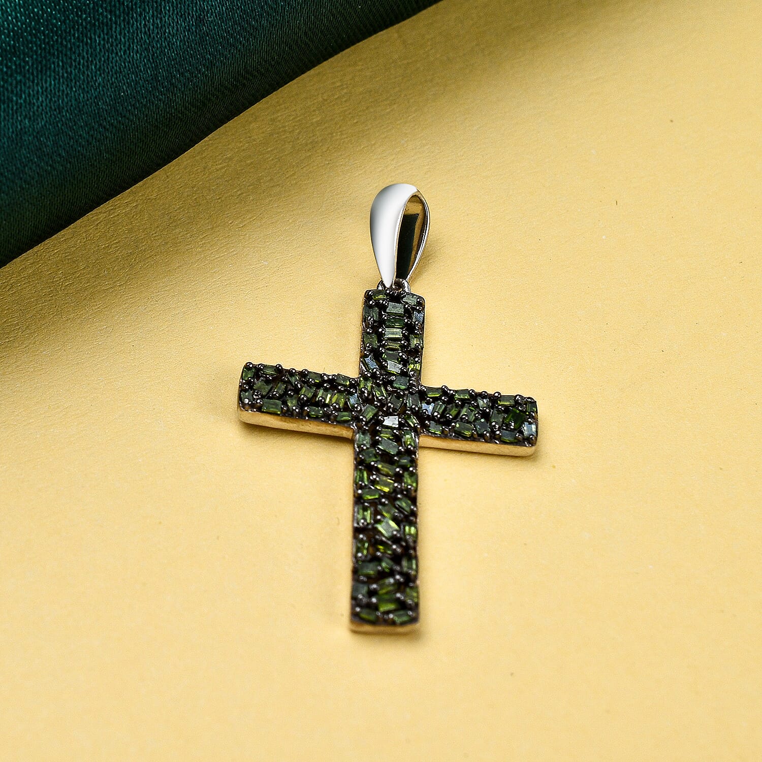 Green Diamond Cross Pendant in Platinum Overlay Sterling Silver 0.33 Ct