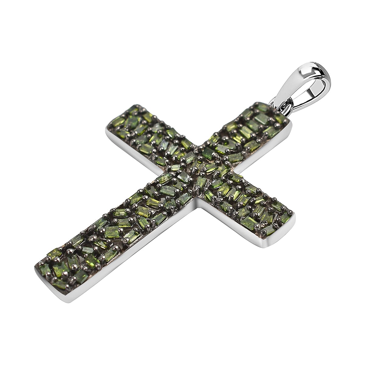 Green Diamond Cross Pendant in Platinum Overlay Sterling Silver 0.33 Ct