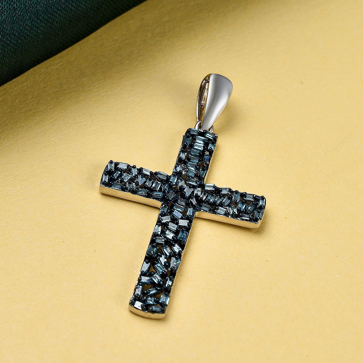 Blue Diamond Cross Pendant in Platinum Overlay Sterling Silver 0.33 Ct