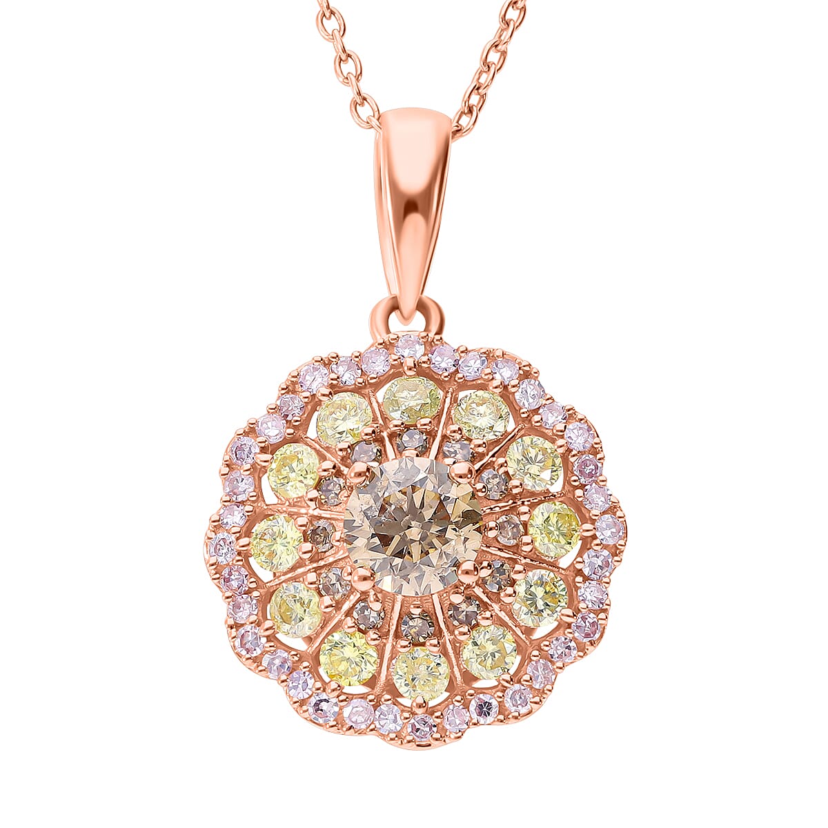 Red Carpet- 10K Rose Gold SGL Certified Natural Champagne ,Pink and Yellow Diamond Pendant 1.00 Ct.