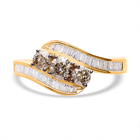 9K Yellow Gold SGL Certified Natural Champagne Diamond Trilogy & White Diamond Bypass Ring 1.00 Ct