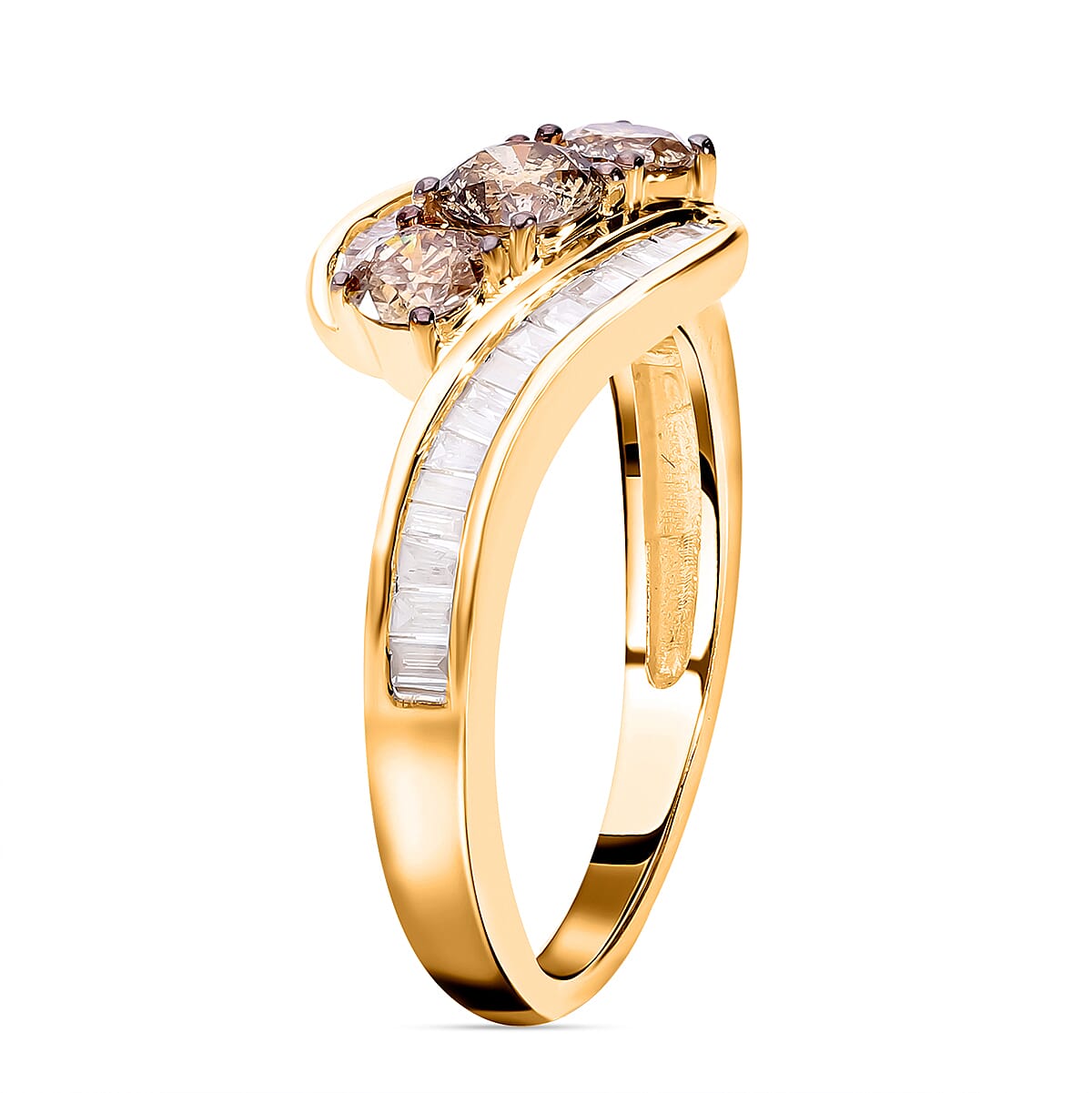 9K Yellow Gold SGL Certified Natural Champagne Diamond Trilogy & White Diamond Bypass Ring 1.00 Ct