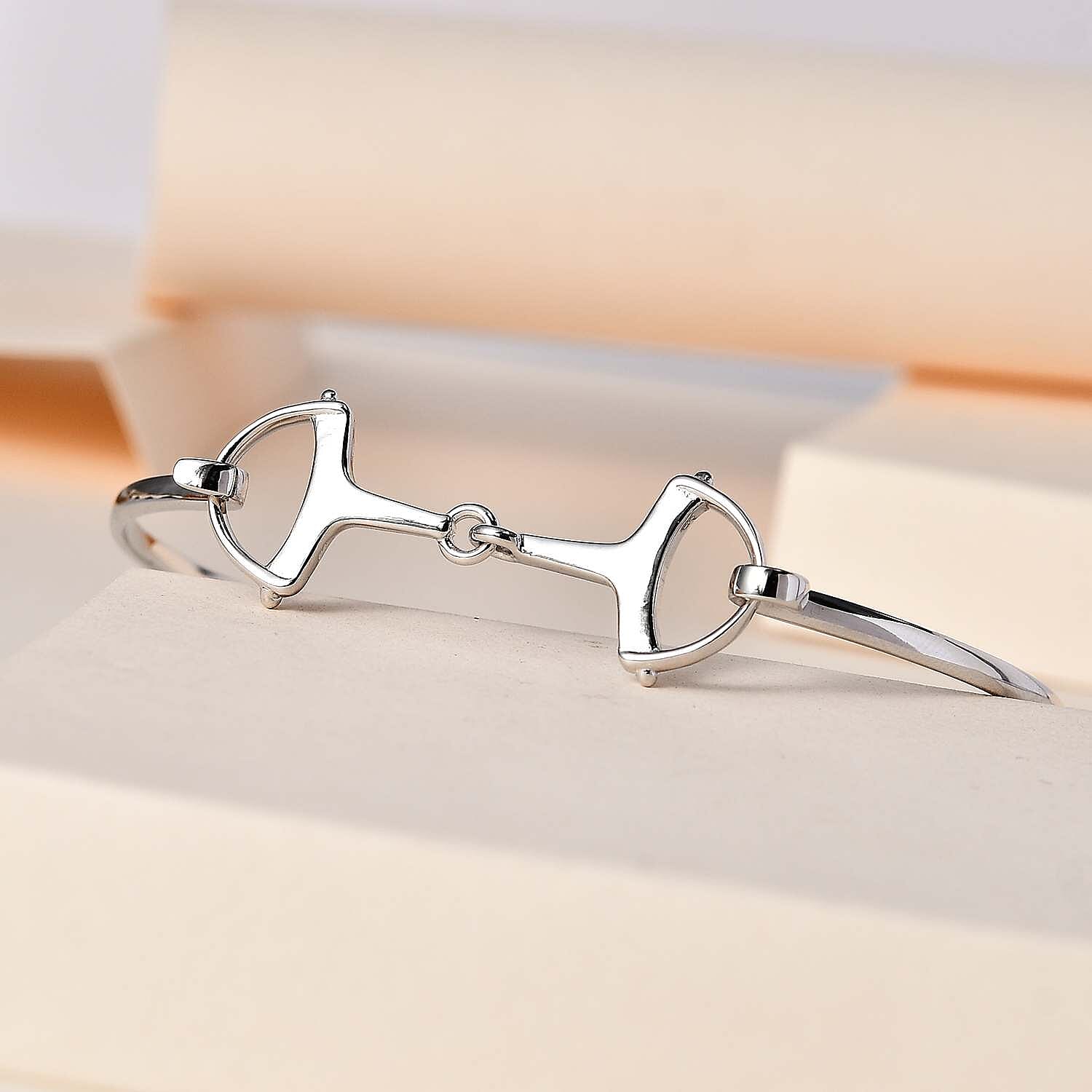 Designer Inspired Platinum Overlay Sterling Silver Snaffle Bangle (Size 7.5)