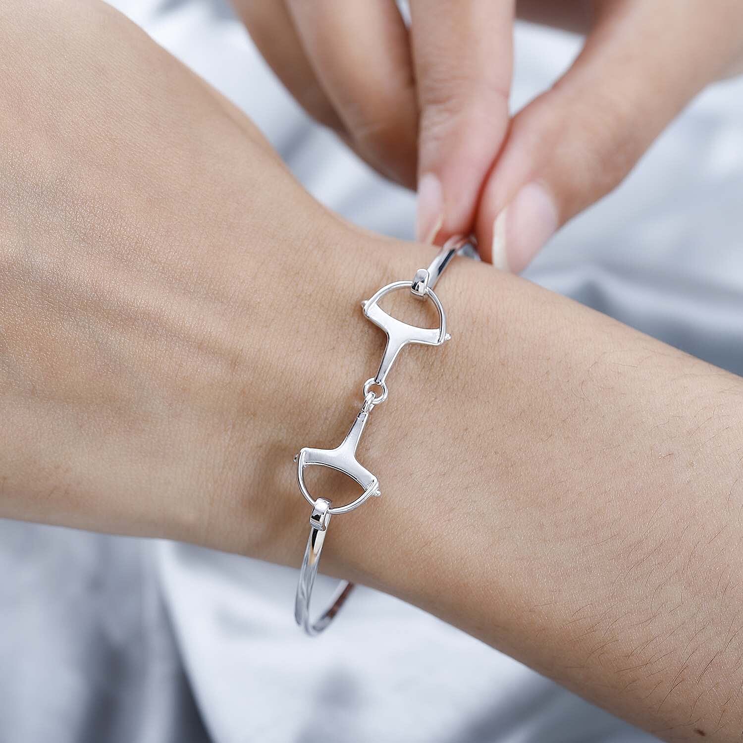 Designer Inspired Platinum Overlay Sterling Silver Snaffle Bangle (Size 7.5)