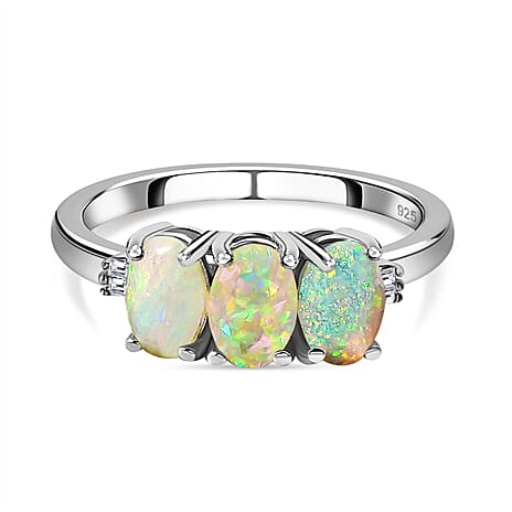 Ethiopian Opal , White Diamond Ring in Platinum Overlay Sterling Silver 0.93 ct 0.930 Ct. Ethiopian Opal , White Diamond Ring in Platinum Overlay Sterling Silver 0.93 ct 0.930 Ct.