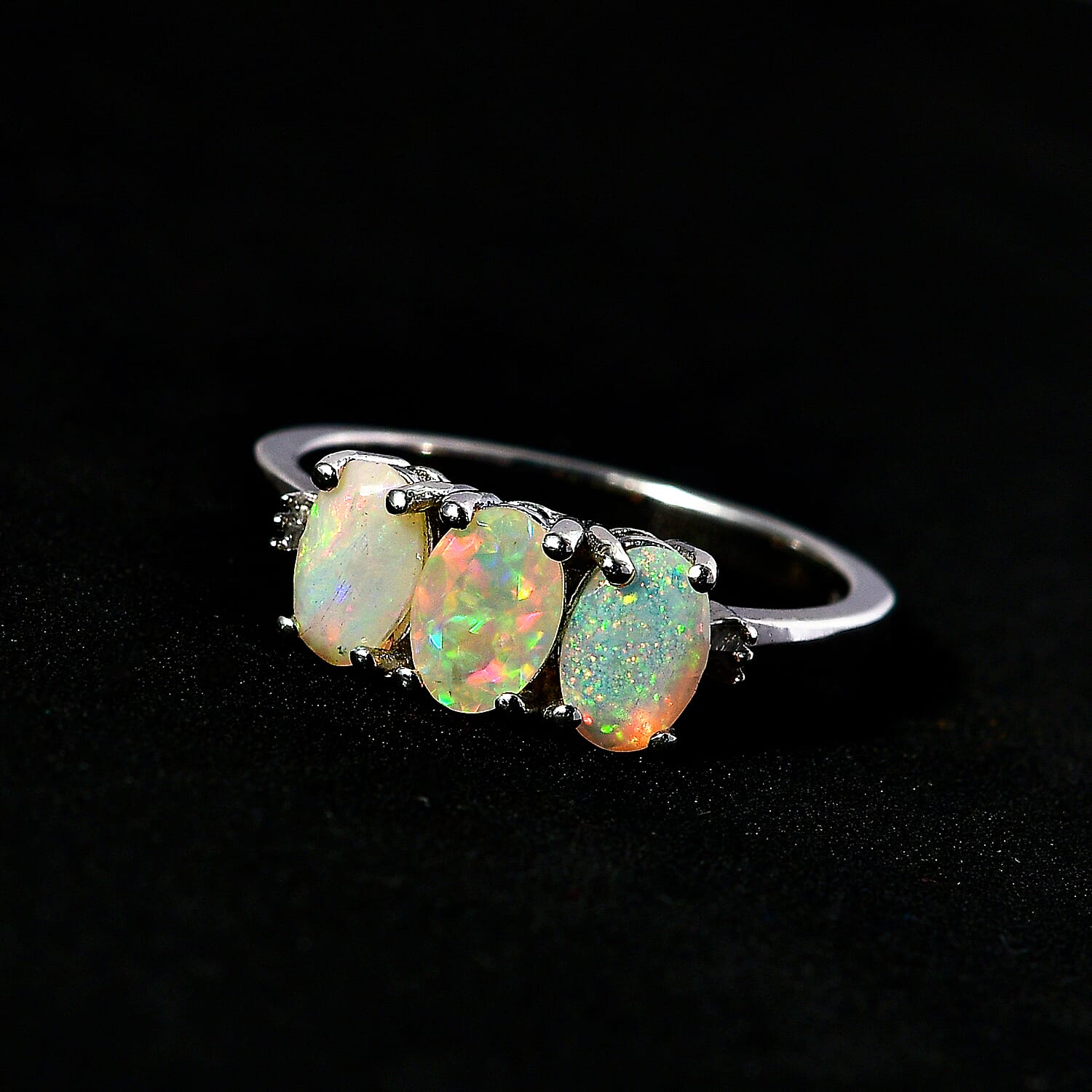 Ethiopian Welo Opal & Diamond Ring in Platinum Overlay Sterling Silver 0.93 Ct.