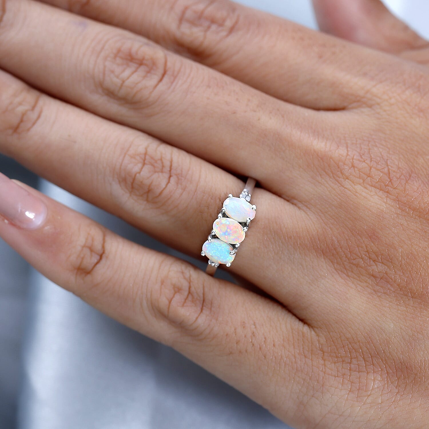 Ethiopian Welo Opal & Diamond Ring in Platinum Overlay Sterling Silver 0.93 Ct.