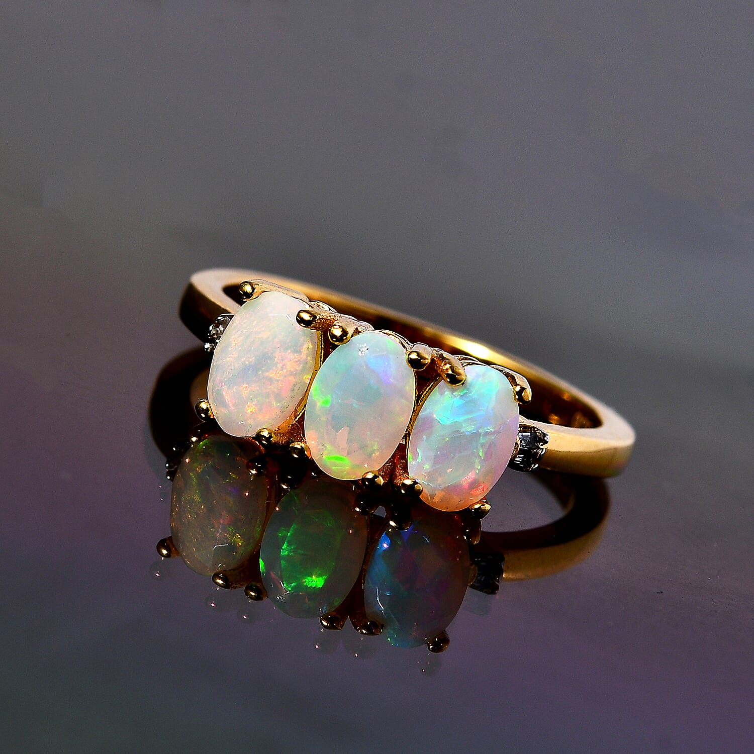Ethiopian Welo Opal & Diamond Ring in 18K Yellow Gold Vermeil Plated Sterling Silver 0.93 Ct.