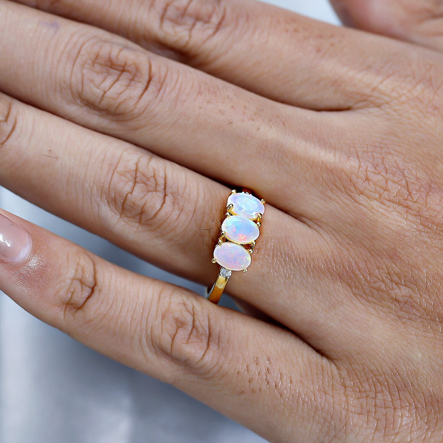 Ethiopian Welo Opal & Diamond Ring in 18K Yellow Gold Vermeil Plated Sterling Silver 0.93 Ct.