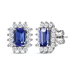 9K White Gold Tanzanite and Diamond Halo Stud Earrings 1.59 Ct.