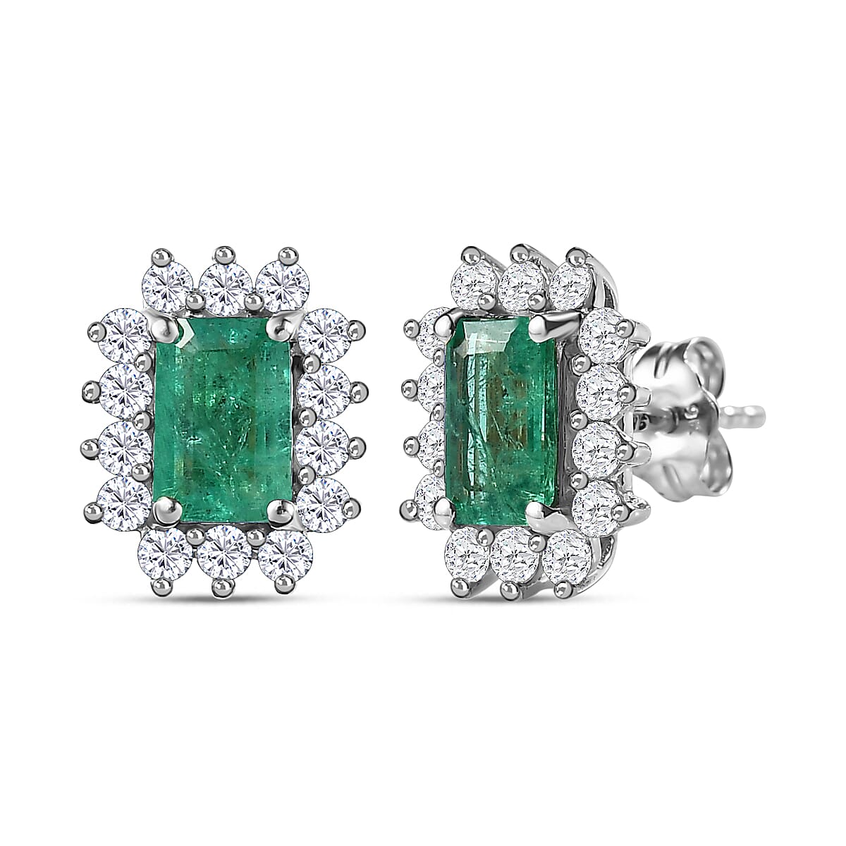 9K White Gold Zambian Emerald & Diamond Solitaire Earrings 1.61 Ct.