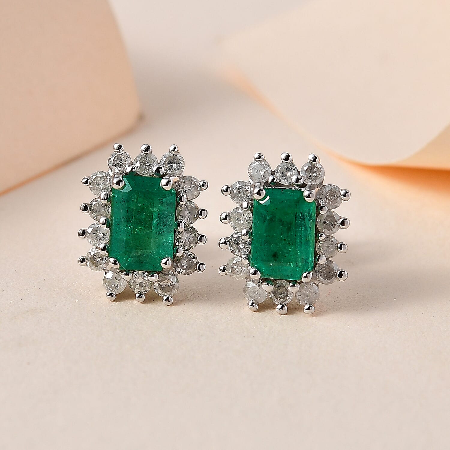 9K White Gold Zambian Emerald & Diamond Solitaire Earrings 1.61 Ct.