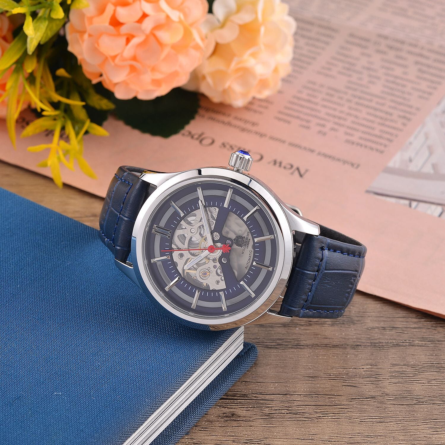 William Hunt Automatic Mechanical Movt. Blue Sunshine Dial 5 ATM WR Watch with Blue Leather Strap