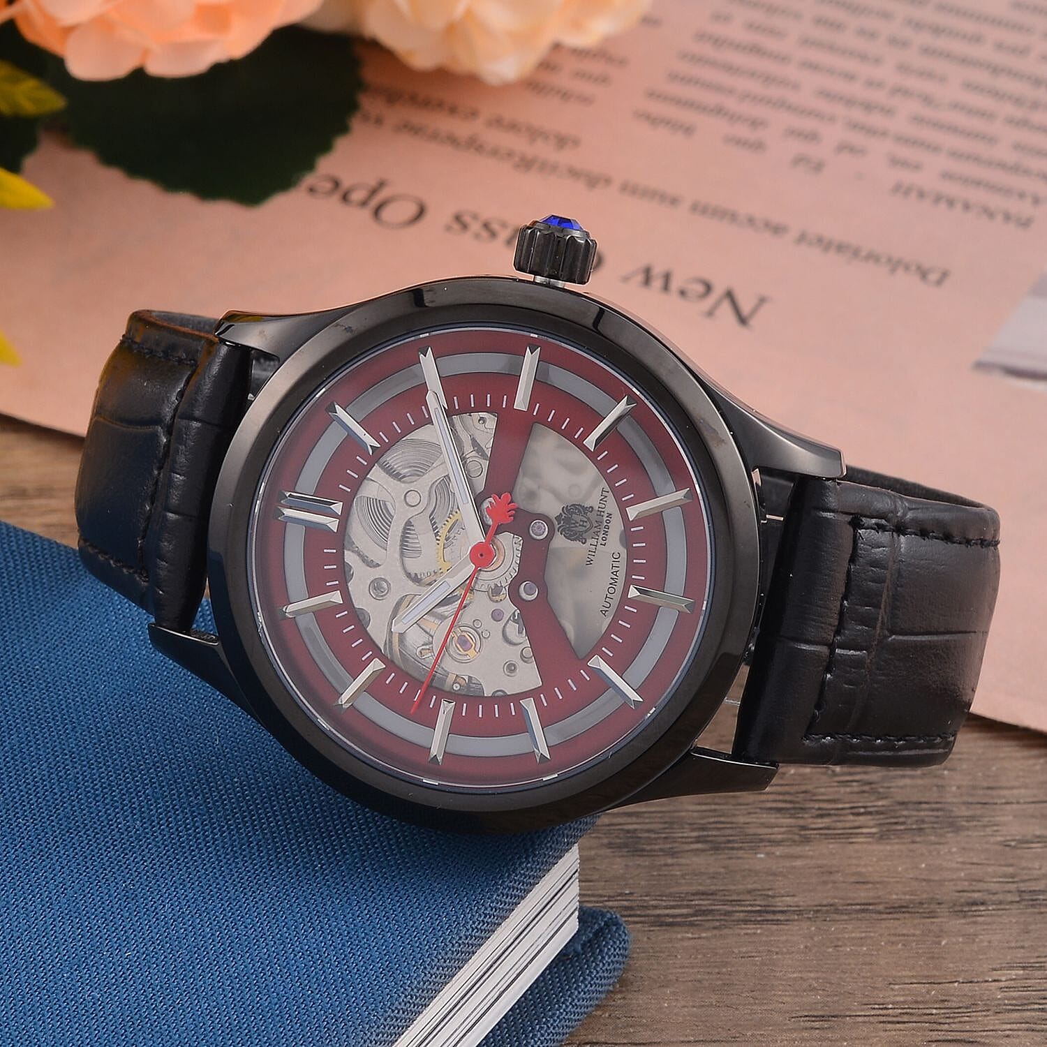 William Hunt Automatic Mechanical Movement Red Sunshine Dial 5 ATM Water Resistant Watch with Black Leather Strap