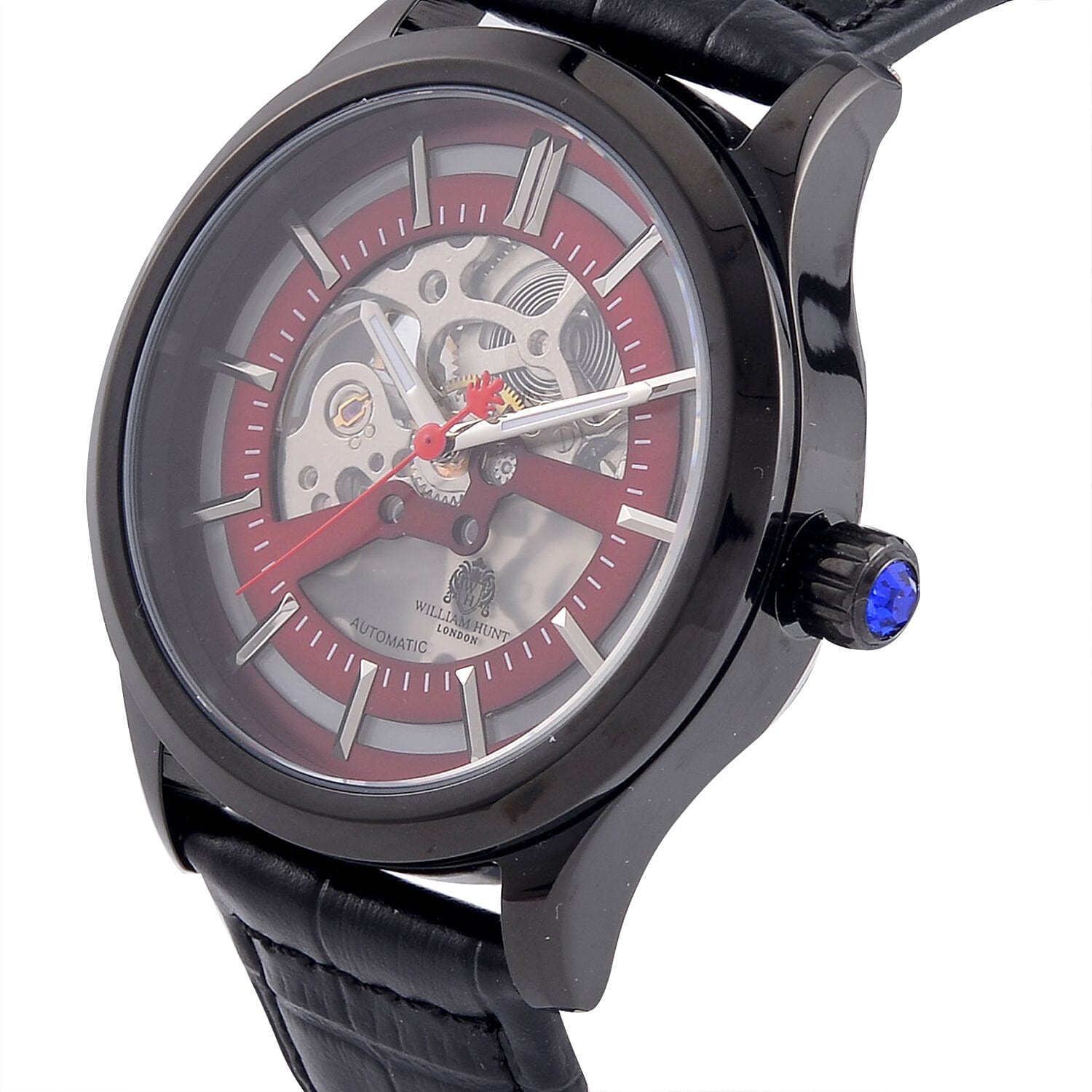 William Hunt Automatic Mechanical Movement Red Sunshine Dial 5 ATM Water Resistant Watch with Black Leather Strap