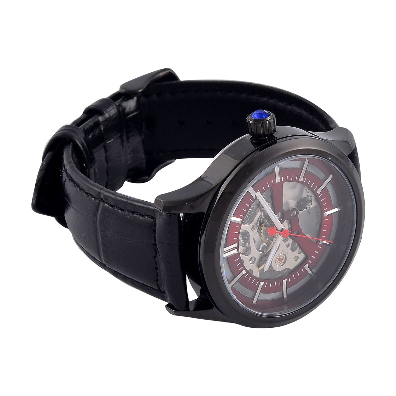 William Hunt Automatic Mechanical Movement Red Sunshine Dial 5 ATM Water Resistant Watch with Black Leather Strap