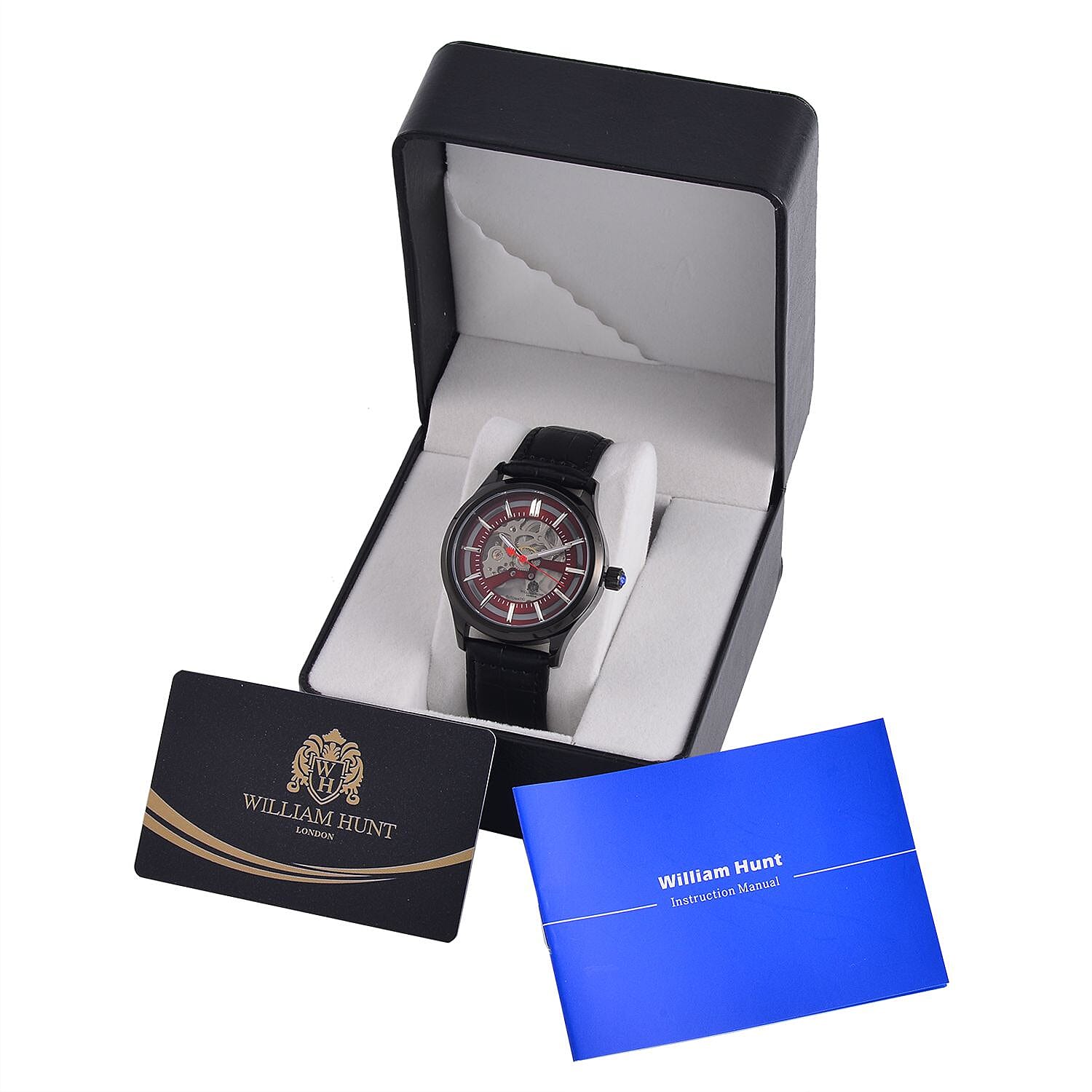 William Hunt Automatic Mechanical Movement Red Sunshine Dial 5 ATM Water Resistant Watch with Black Leather Strap
