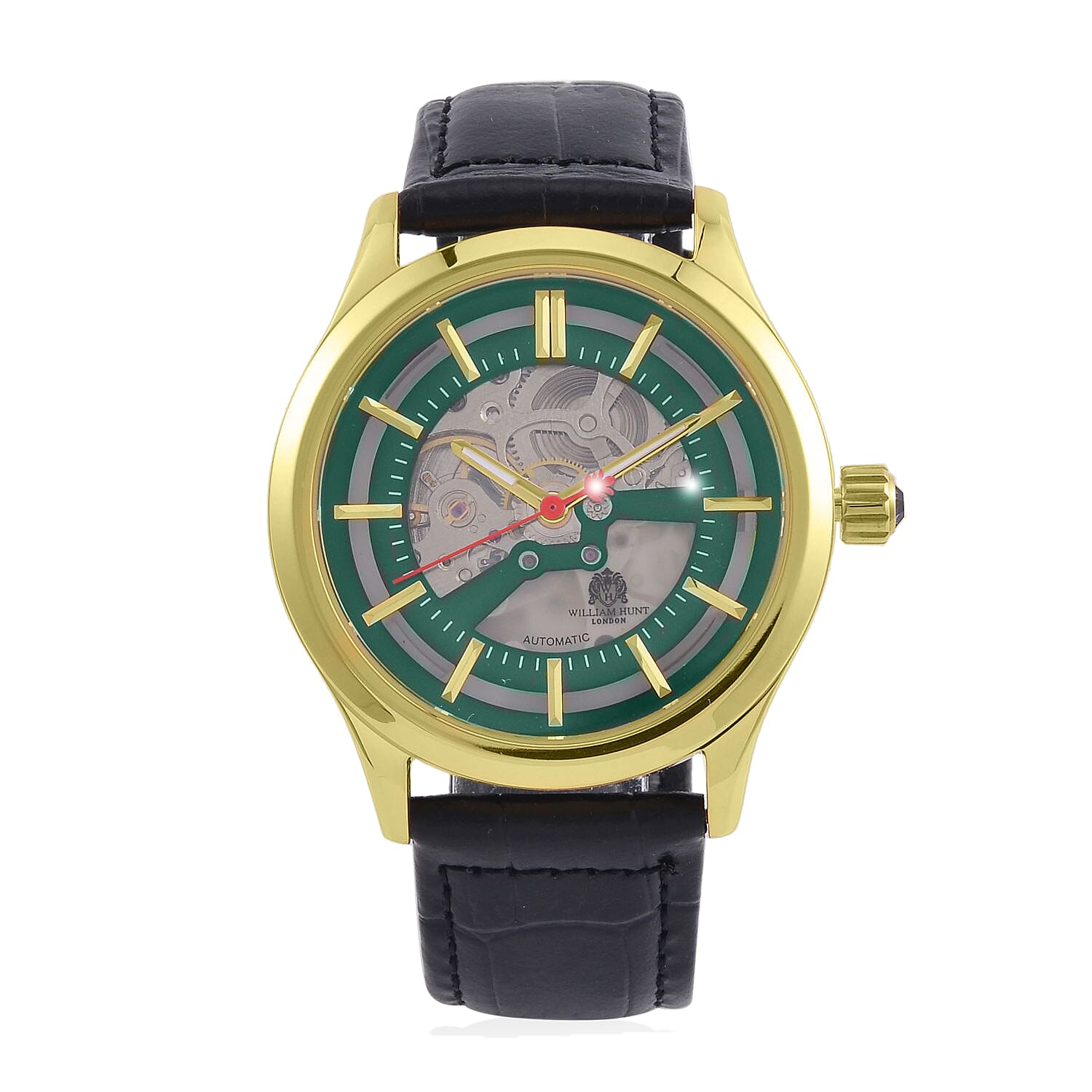 William Hunt Automatic Mechanical Movt. Green Sunshine Dial 5 ATM Water Resistant Watch with Black Leather Strap