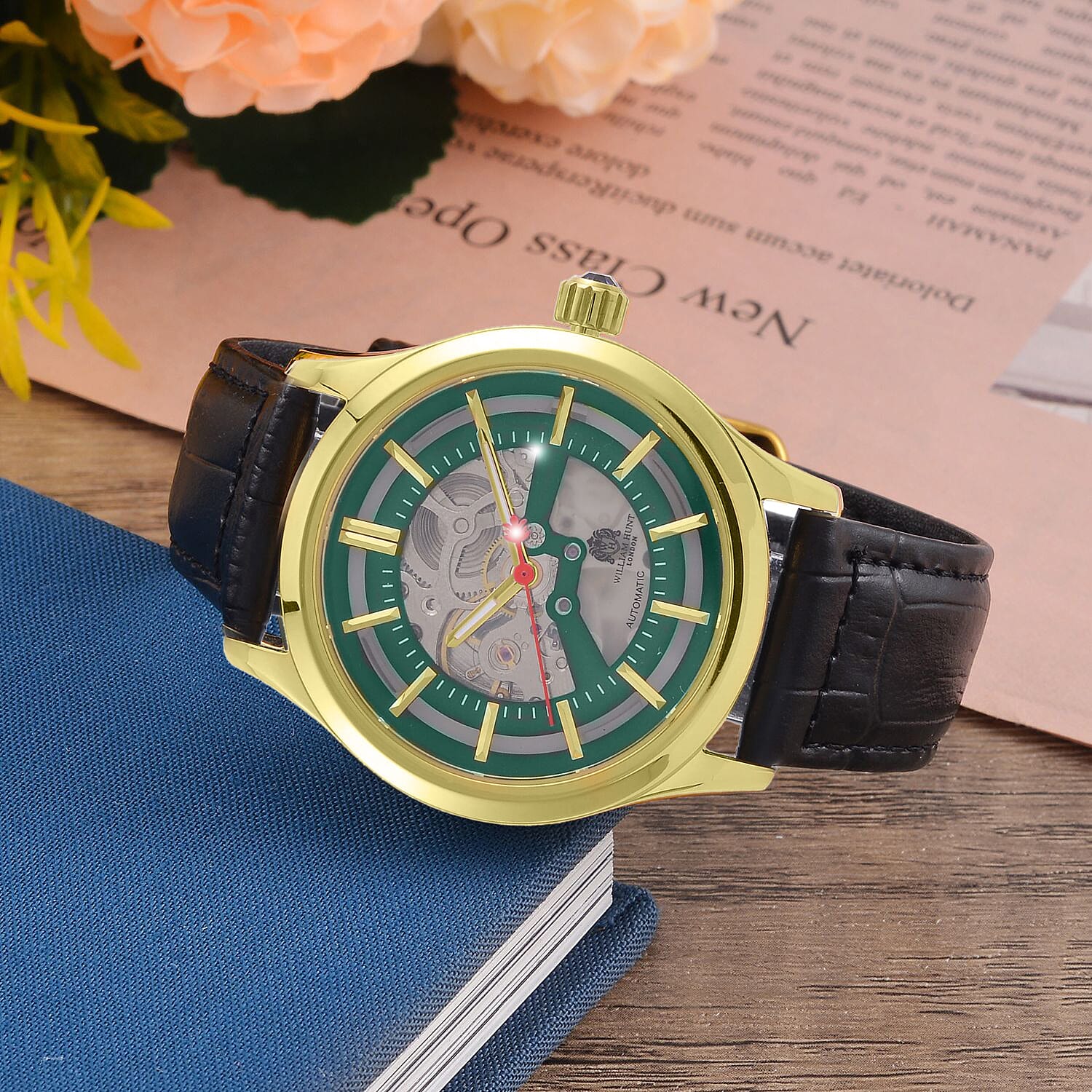 William Hunt Automatic Mechanical Movt. Green Sunshine Dial 5 ATM Water Resistant Watch with Black Leather Strap