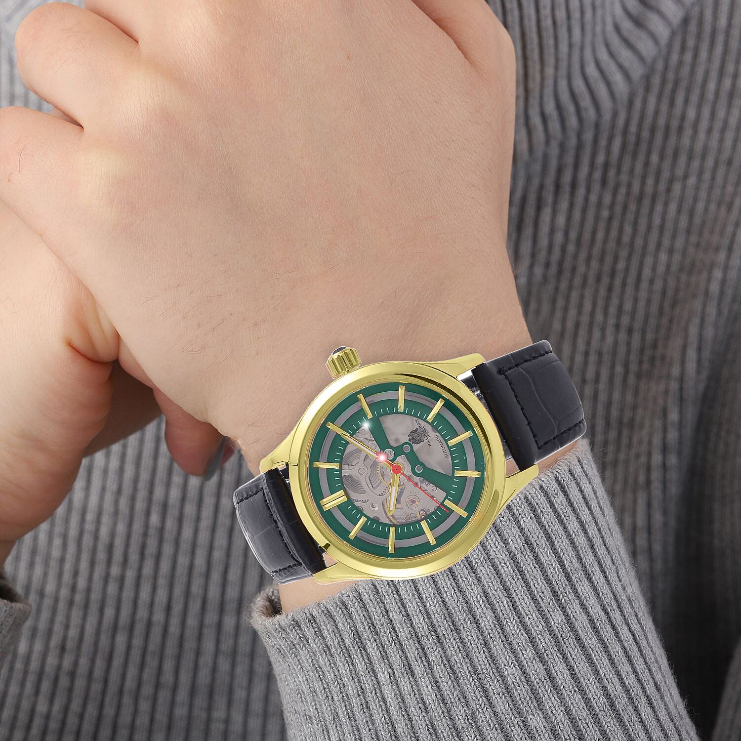 William Hunt Automatic Mechanical Movt. Green Sunshine Dial 5 ATM Water Resistant Watch with Black Leather Strap