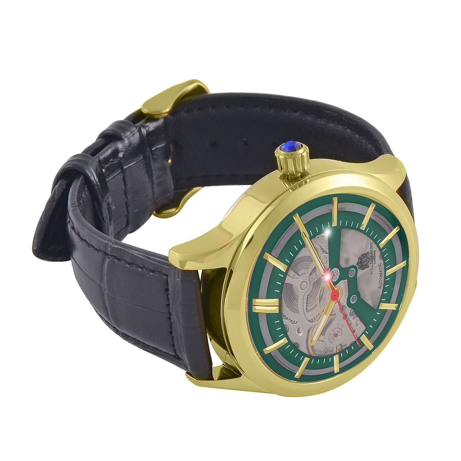 William Hunt Automatic Mechanical Movt. Green Sunshine Dial 5 ATM Water Resistant Watch with Black Leather Strap