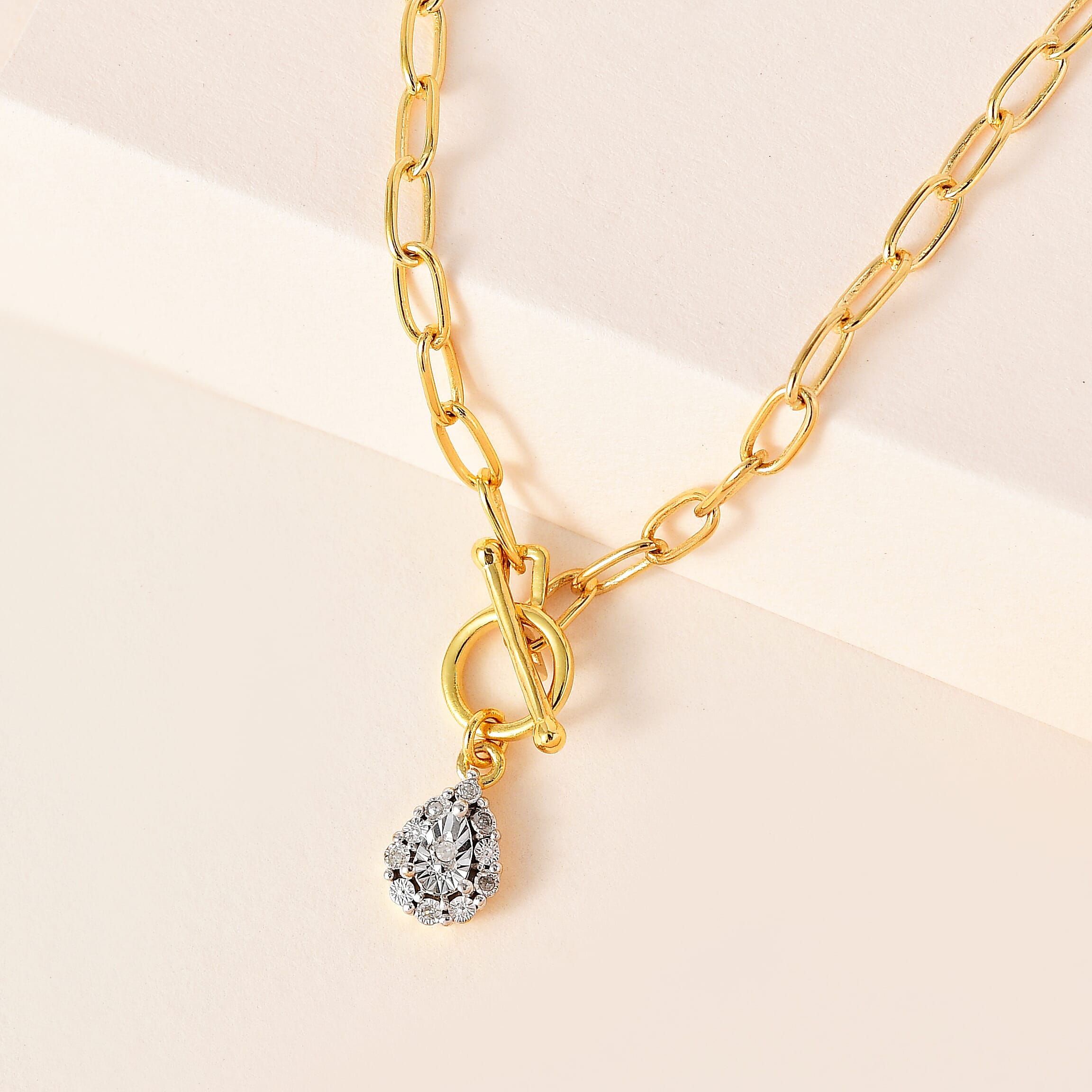 Designer Inspired - Diamond Paperclip Necklace (Size - 18) With T-Bar Clasp in Gold Vermeil Sterling Silver 6.34 Grams