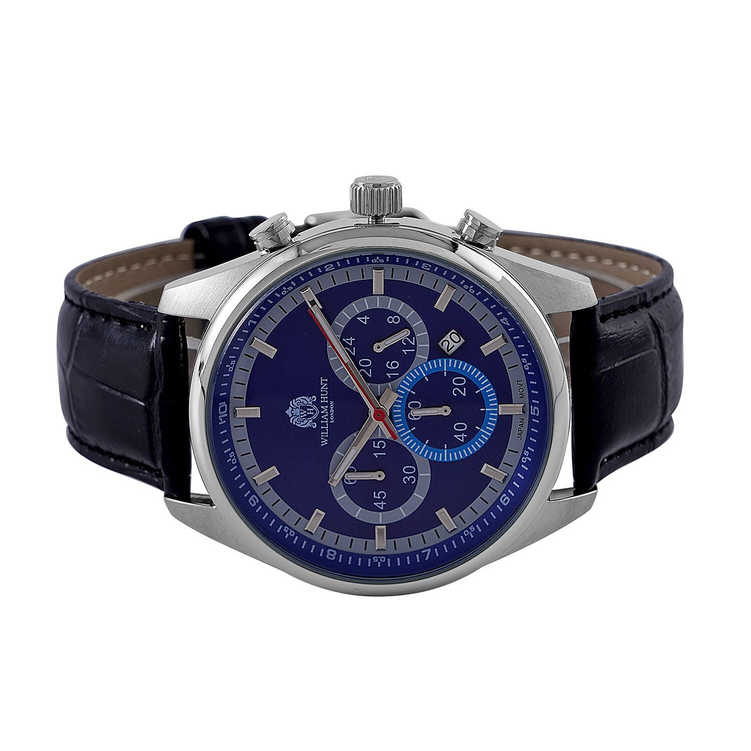 William Hunt Blue Dial 5 ATM Water Resistant Watch With Black Leather Strap