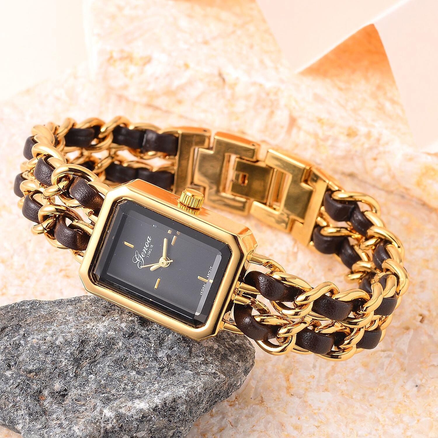 GENOA TIME V2 Miyota 2035 Japan Movt. Black Dial 3 ATM WR Watch With Brown - Gold Stainless Steel Leatherette Strap