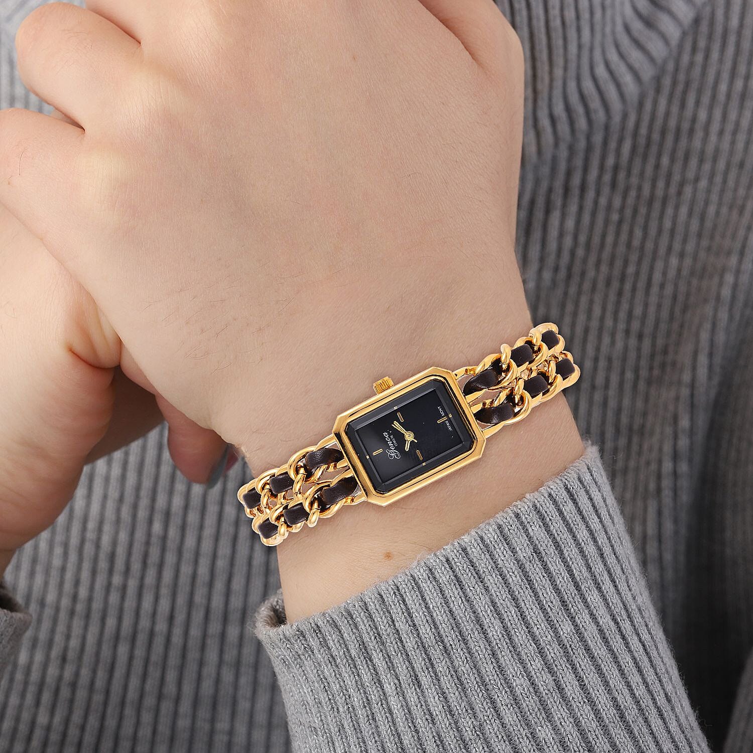 GENOA TIME V2 Miyota 2035 Japan Movt. Black Dial 3 ATM WR Watch With Brown - Gold Stainless Steel Leatherette Strap