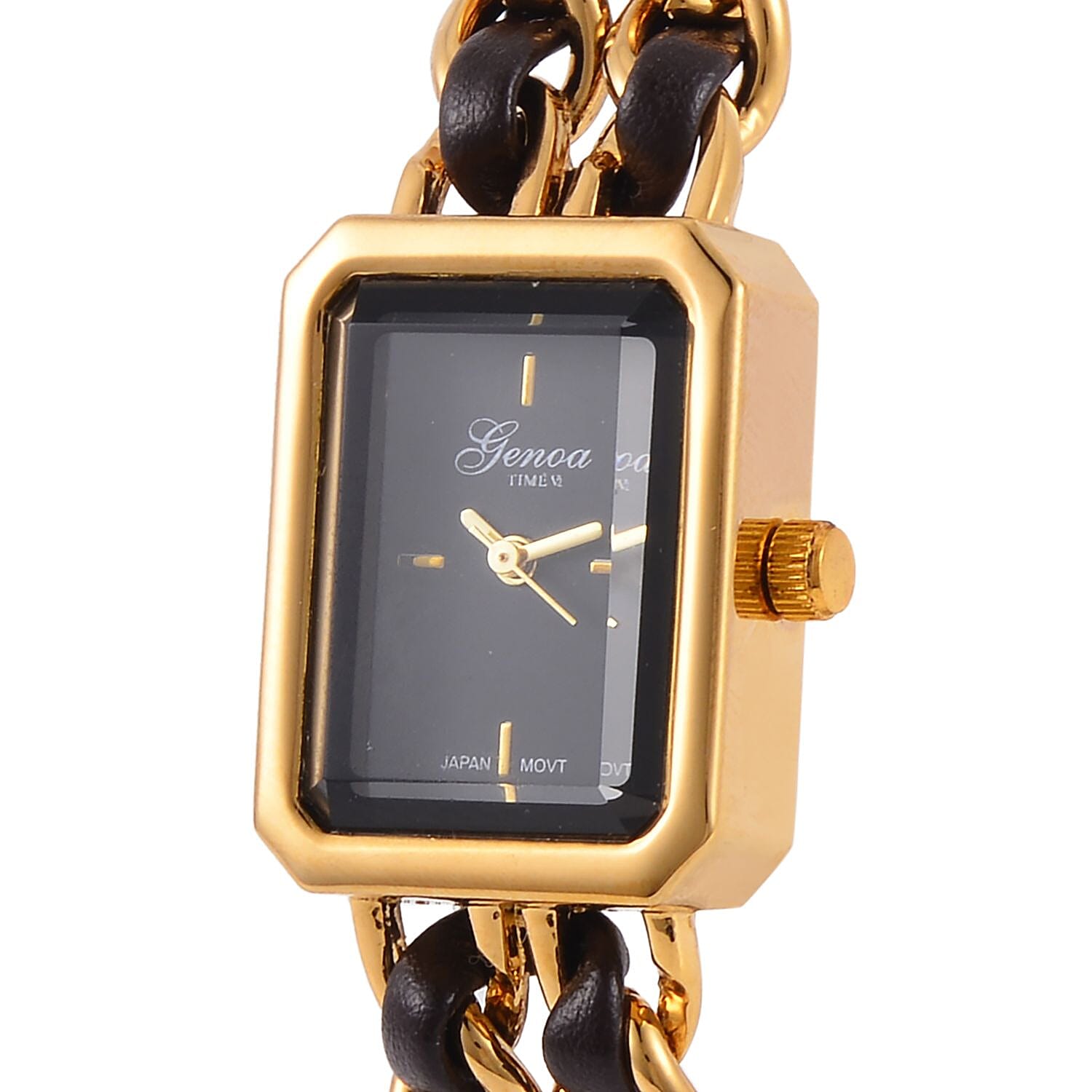 GENOA TIME V2 Miyota 2035 Japan Movt. Black Dial 3 ATM WR Watch With Brown - Gold Stainless Steel Leatherette Strap