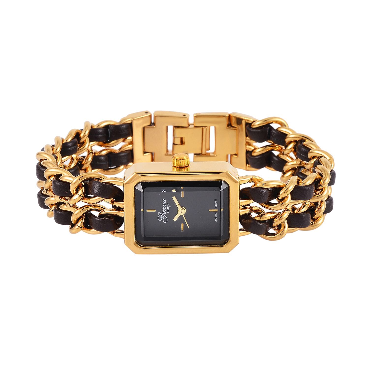 GENOA TIME V2 Miyota 2035 Japan Movt. Black Dial 3 ATM WR Watch With Brown - Gold Stainless Steel Leatherette Strap